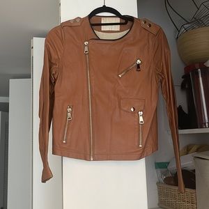 Maje Tan real leather jacket with contrast asymmetrical zip